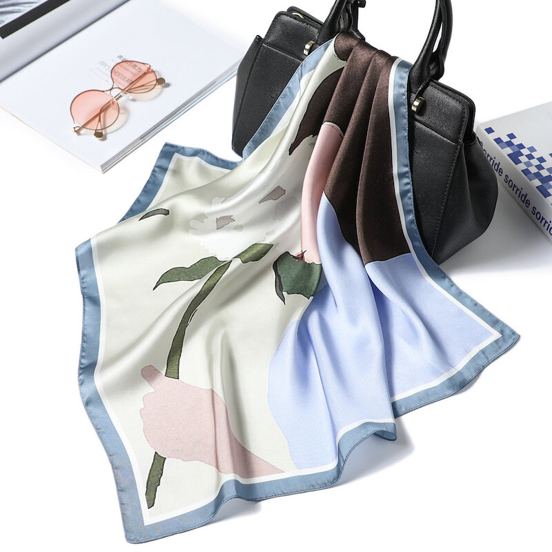 Lenço de seda feminino com estampa digital, anel quadrado de pescoço para escritório 55*55 cm, cachecol para menina