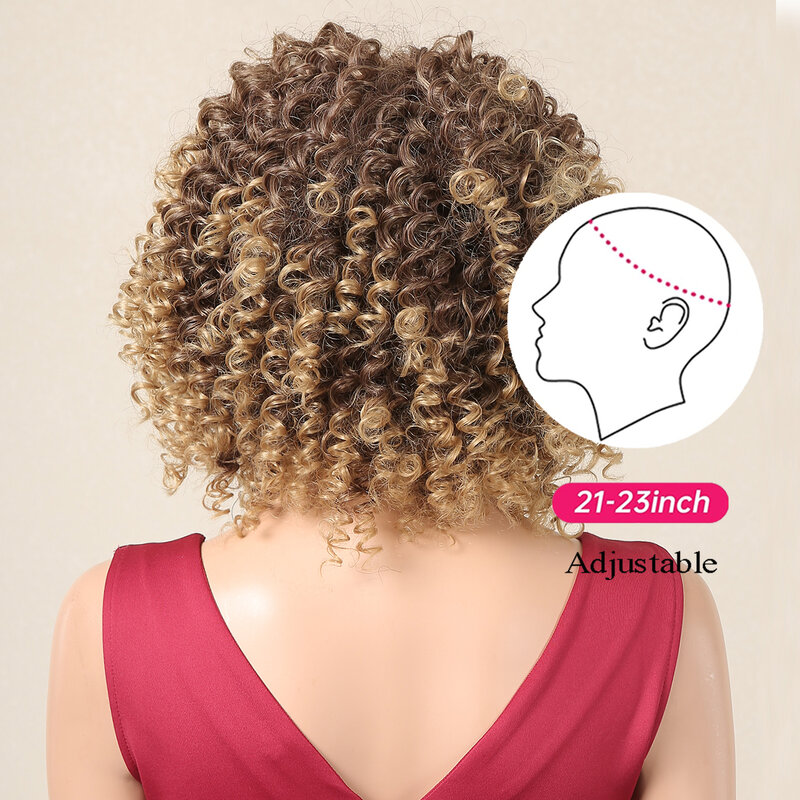 HAIRCUBE Ombre Brown Blonde Afro Synthetic Wig for Women Short Kinky Curly Wig With Bangs Daily Cosplay Heat Resistant Fake Hair