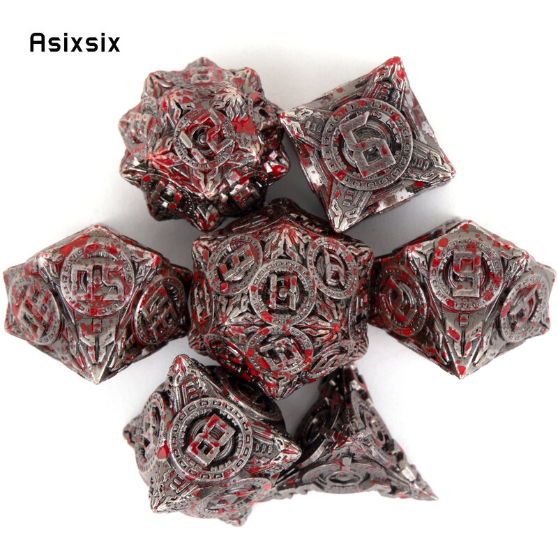 7 Pcs Silver Red Circle Wheel Metal Dice Solid Metal Polyhedral Dice Set Suitable for Role-Playing RPG  Board Game Card Game