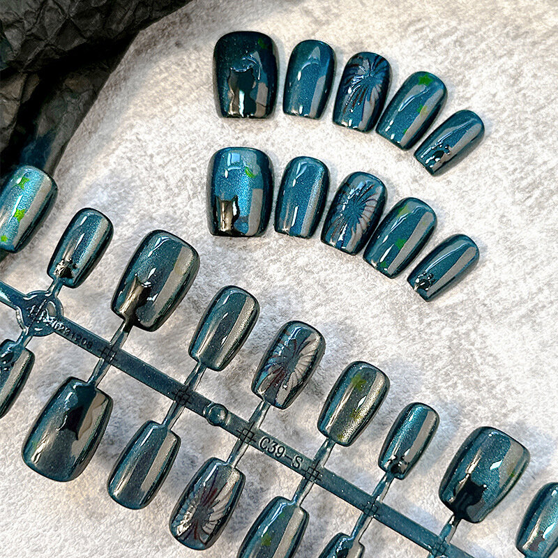 30Pcs Dark Blue Fireworks Cat's Eyes False Fake Toenails Nails Art Removable Reusable Nail Salon