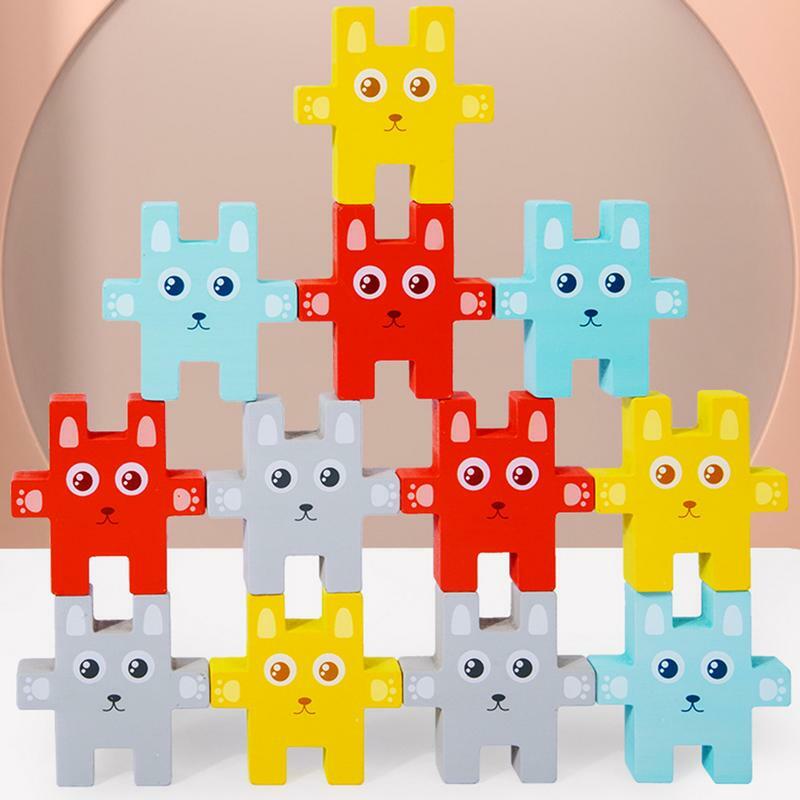 나무 퍼즐 장난감 동물 균형 훈련 게임 키트, 어린이 몬테소리 교육 스태킹 장난감 모양 인지 장난감
