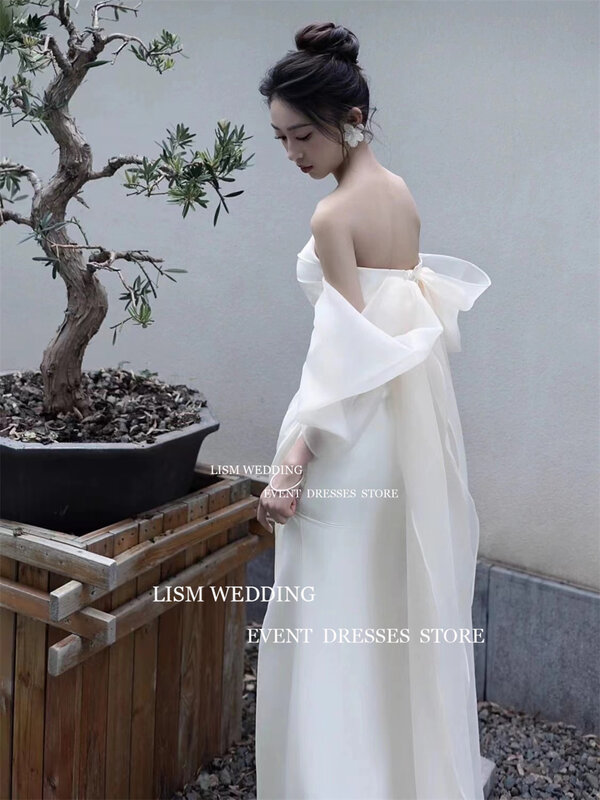 LISM Strapless Organza Korea Mermaid Wedding Dresses Photo shoot Satin Puff Sleeve Floor-Length Backless Organza Bridal Gown