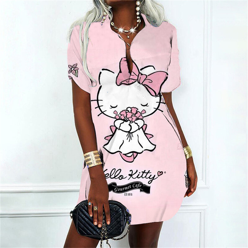 Мультяшное женское платье, летняя одежда, Женская рубашка-поло 2024, Милая женская одежда Hello Kitty, модные женские платья, уличная одежда