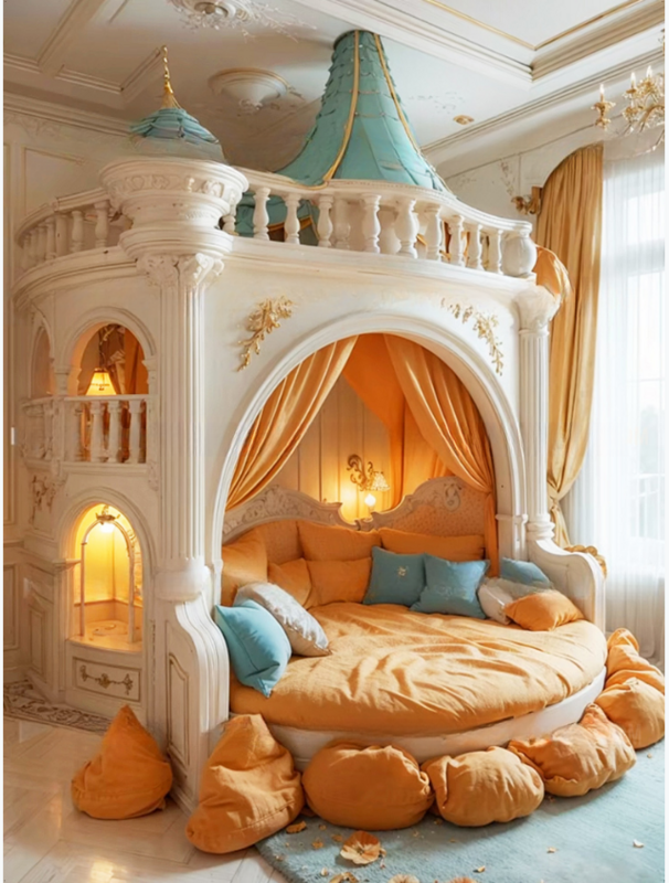 Madeira maciça Europeia esculpida princesa cama para quarto das crianças, Round Villa, castelo de luxo