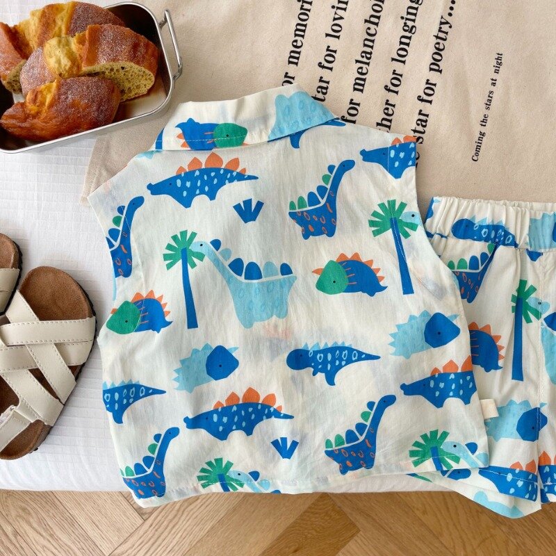 Children Cartoon Suit 0-6 Year Old Summer Boys Sleeveless Top Dinosaur T-shirt Shorts Two Piece Set Baby Clothes Outfits