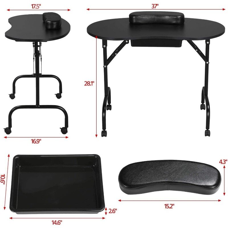 Manicure Table Nail Desk Workstation with Large Drawer/Client Wrist Pad/Controllable Wheels/Carrying Case