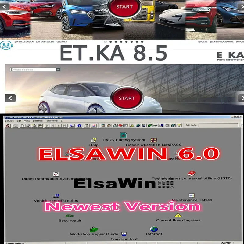 Коллекция 2024 года, Elsawin 6,0 + ET KA 8,5, Каталог электронных запчастей для автомобилей, поддержка для V/W + AU // DI + SE // AT + SKO // DA, программное обеспечение для ремонта автомобилей