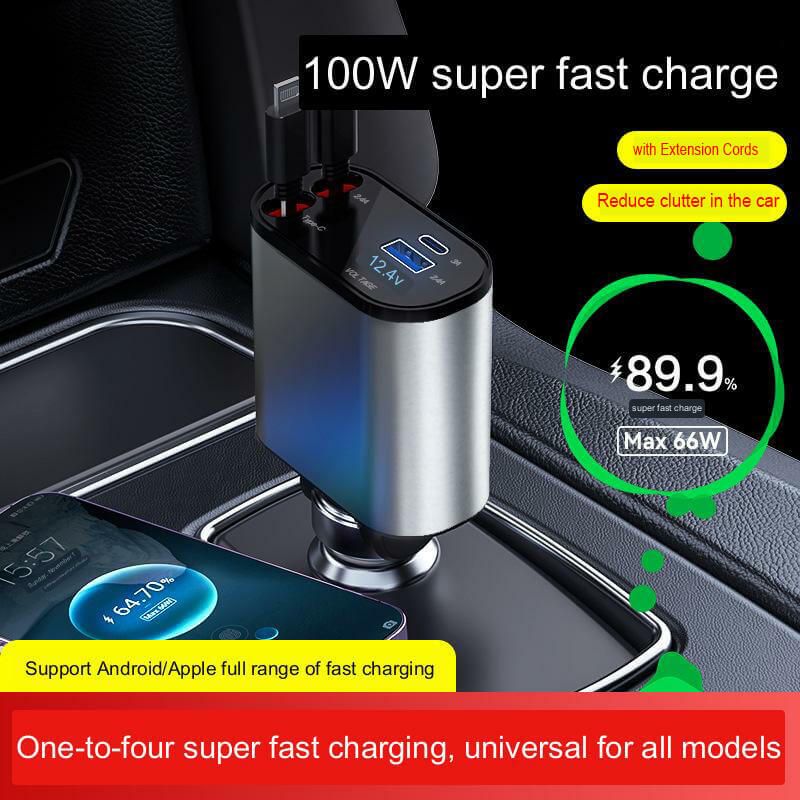 Выдвижное автомобильное зарядное устройство 4 в 1, 100 Вт, кабель USB Type-C для IPhone, Samsung, шнур для быстрой зарядки, адаптер для прикуривателя