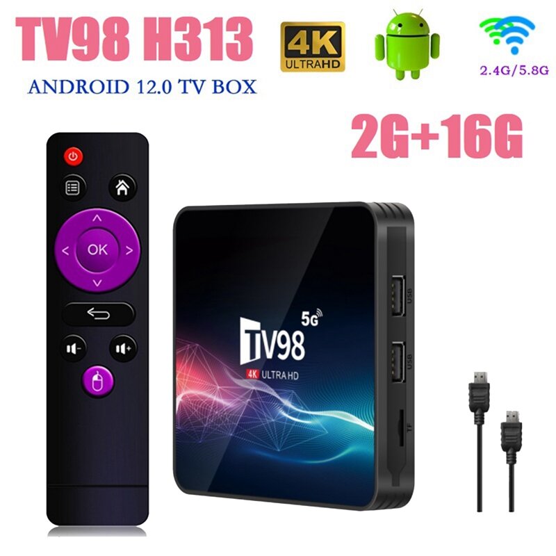 TV98 TV Box 2G+16G 2.4G &5G Wifi Allwinner H313 4Kx2k Android 12 Set-Top Box TV98 Media Player Easy To Use US Plug