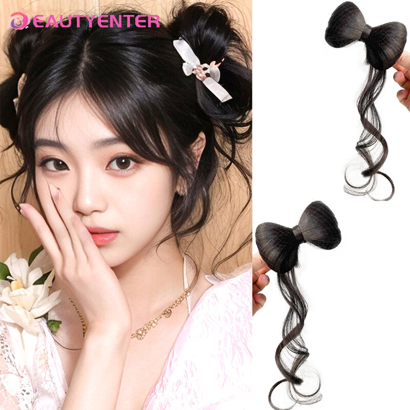 BEAUTYENTER Bow Wig Hair Bag Fluffy Cute Coil Hair artefatto Hanfu Bun stile antico accessori in seta ad alta temperatura