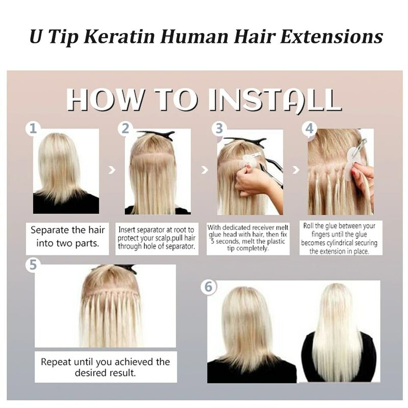 Ekstensi rambut lurus U, ekstensi rambut manusia Keratin ujung kuku, fusi panas Italiana, kapsul berikat kuku 12-26