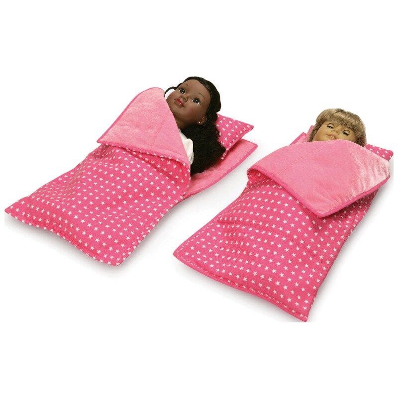 Transportador de muñecas de doble carro con dos sacos de dormir y almohadas, Rosa/estrella