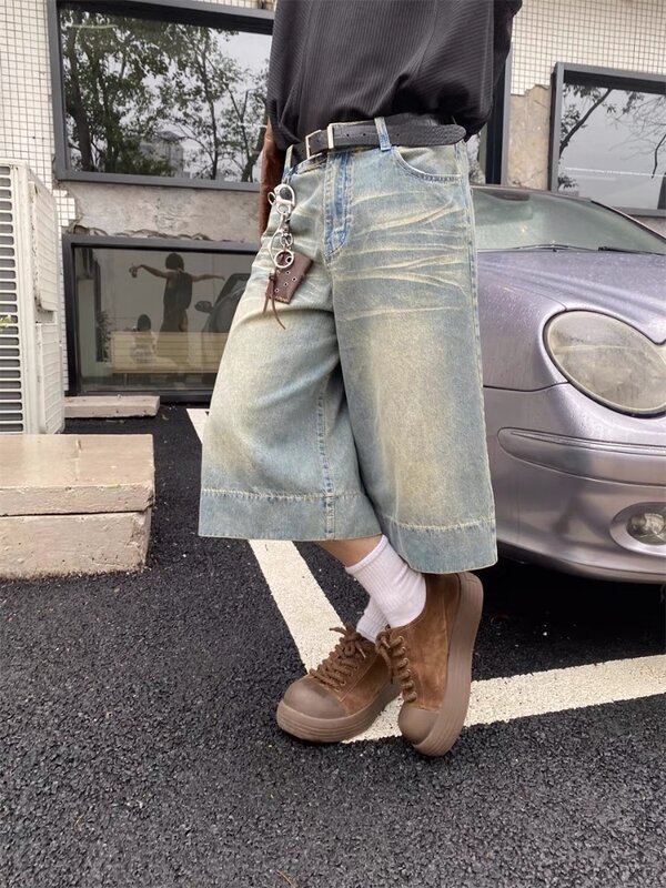 Женские джинсовые шорты HOUZHOU, винтажные Длинные свободные шорты Y2k в стиле Харадзюку с высокой талией, Корейская уличная одежда, джинсовые шорты с широкими штанинами