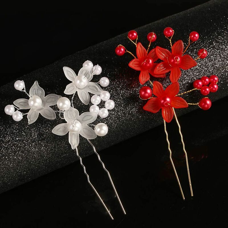 Red/White Flower Pearl U-shaped Hairpin for Women Bride Headdress Hair Sticks Wedding Hair Styling Jewelry Accessories