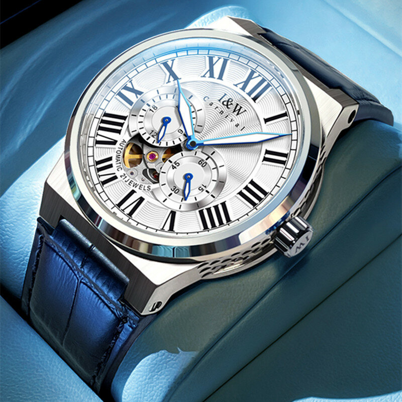 I & W-Relógio mecânico de negócios de luxo masculino, relógio esportivo automático masculino safira, 50m à prova d'água, moda luminosa