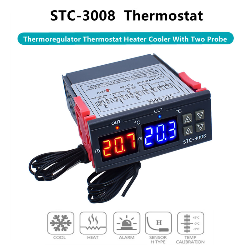 Dual Digital STC-3008อุณหภูมิรีเลย์เอาต์พุต Thermostat พร้อม Probe 12V 24V 220V ตู้เย็นความร้อนเย็น