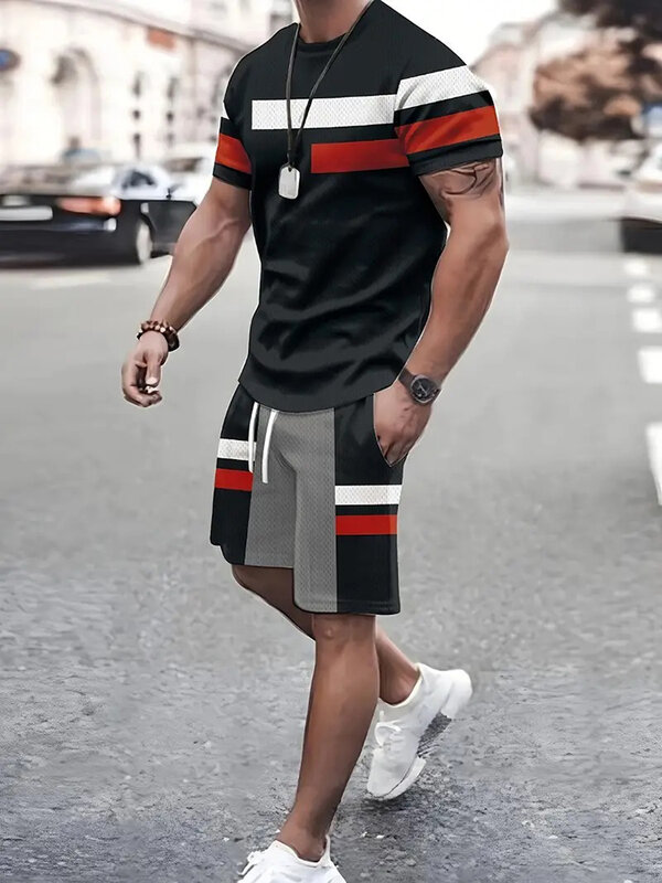 Summer Street Men's Suit Daily Casual Fashion Loose Comfortable Short Sleeves Outdoor Trend Sports Shorts Novelty Striped Print