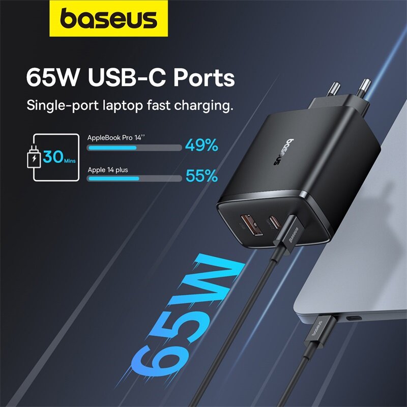 Зарядное устройство Baseus GaN 65 Вт, USB-зарядное устройство PD Charge Type C, поддержка PD QC PPS, портативное быстрое зарядное устройство для iPhone 15 14 13, зарядное устройство для ноутбука