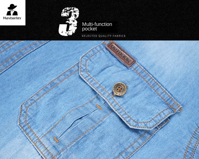 Camisa jeans azul de bolso múltiplo masculina, manga longa, moda casual, roupa de marca, retrô, alta qualidade, outono, 2022