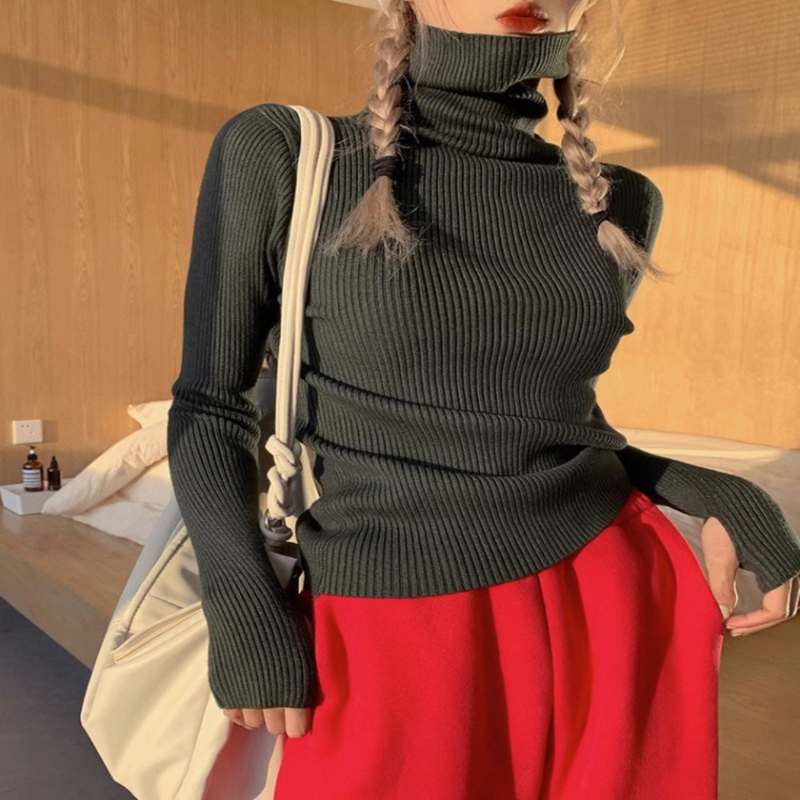 니트 스웨터 여성 한국형 터틀넥 스웨터 겨울 단색 풀오버 슬림한 내부 랩핑 온열 기본 상의