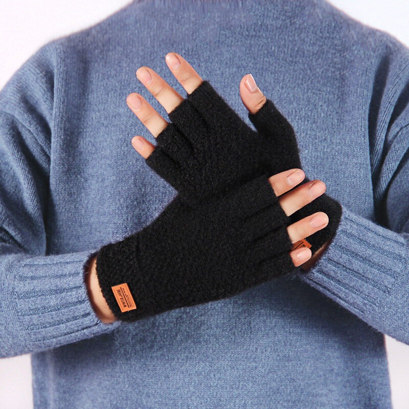 Sarung tangan setengah jari rajut musim dingin pria, sarung tangan wol hangat tanpa jari fleksibel warna polos luar ruangan antiselip layar sentuh