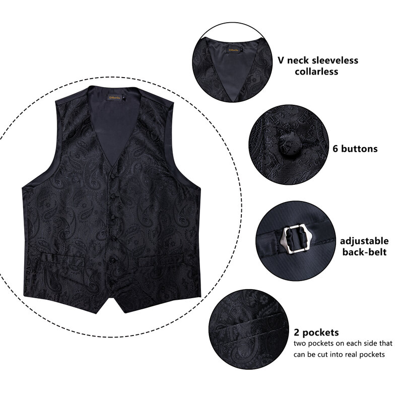 Gilet Paisley noir pour hommes, ensemble de 5 pièces, avec poches carrées, boutons de manchette, robe, classique, Business