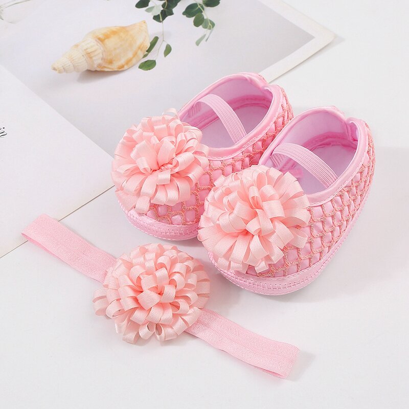 Mildsown Infant Baby Girls Princess Shoes and Headband Ribbon Flower Mary Jane Flats Dress Walking Shoes for Newborn Toddler