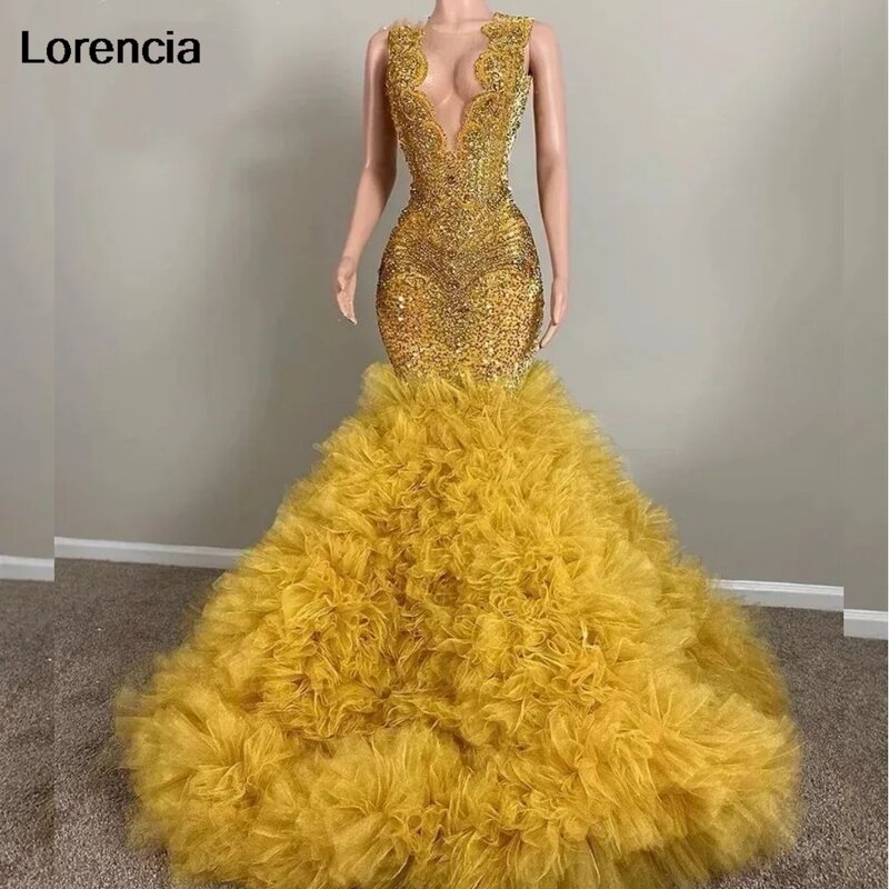 Lorencia-Sparkly Mermaid Prom Dress para meninas, ouro, diamantes, miçangas, strass, camadas, babados, vestido de festa, YPD30