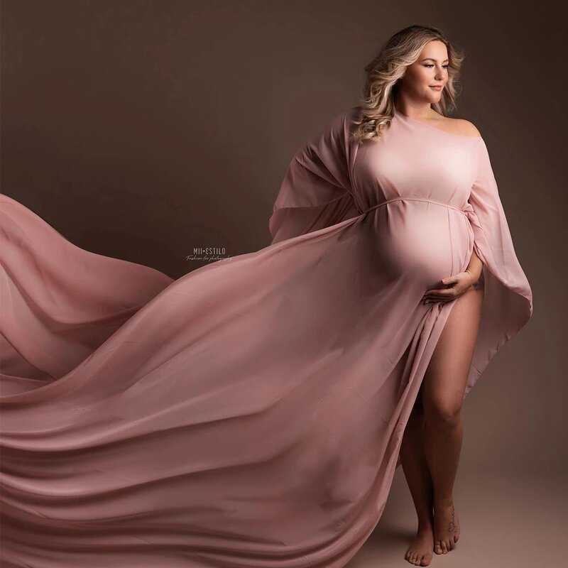 Vestido de maternidade de seda feminino, manto de chiffon, tecido de modelagem simples, gravidez para chuveiros de bebê, fotografia