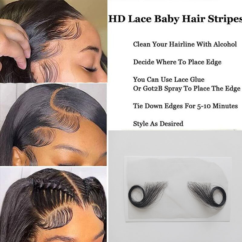 Lace Baby Hair Stripes Real Human Hair Baby Hair Edge Reusable More Natural for Women Invisible Lace Hairline Baby Hair  4 Pcs