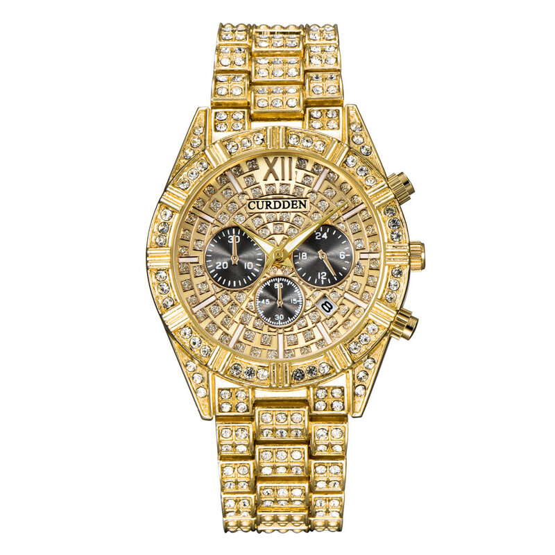 Reloj de pulsera de lujo para hombre, cronógrafo con correa de acero y diamantes, calendario, negocios, a la moda