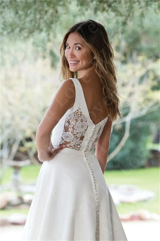 Vestido de noiva sexy decotado com decote em v, vestido simples a linha A, vestido de noiva cetim, tamanho grande, elegante, 2021