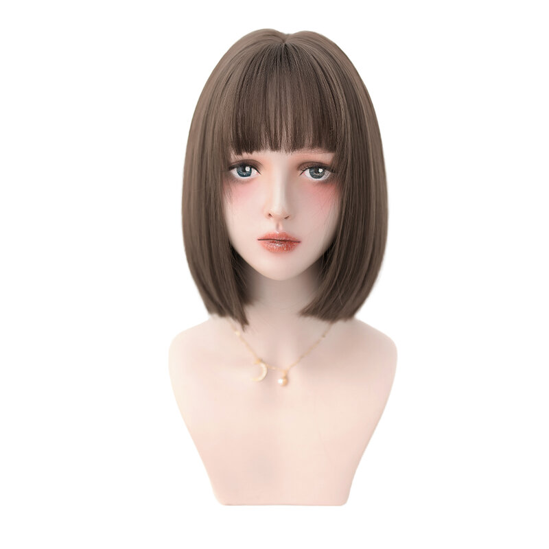 12Inch Cool Brown Synthetic Wigs With Bang Short Natural Straight Hair Wig For Women Daily Use Cosplay Heat Resistant Lolita