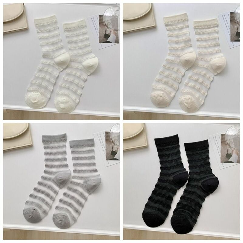 Mid-tube Silk Socks Sweet Glass Silk Sweat Absorbing Ultra Thin Socks Anti-Friction Foot Striped Long Socks Spring and Summer