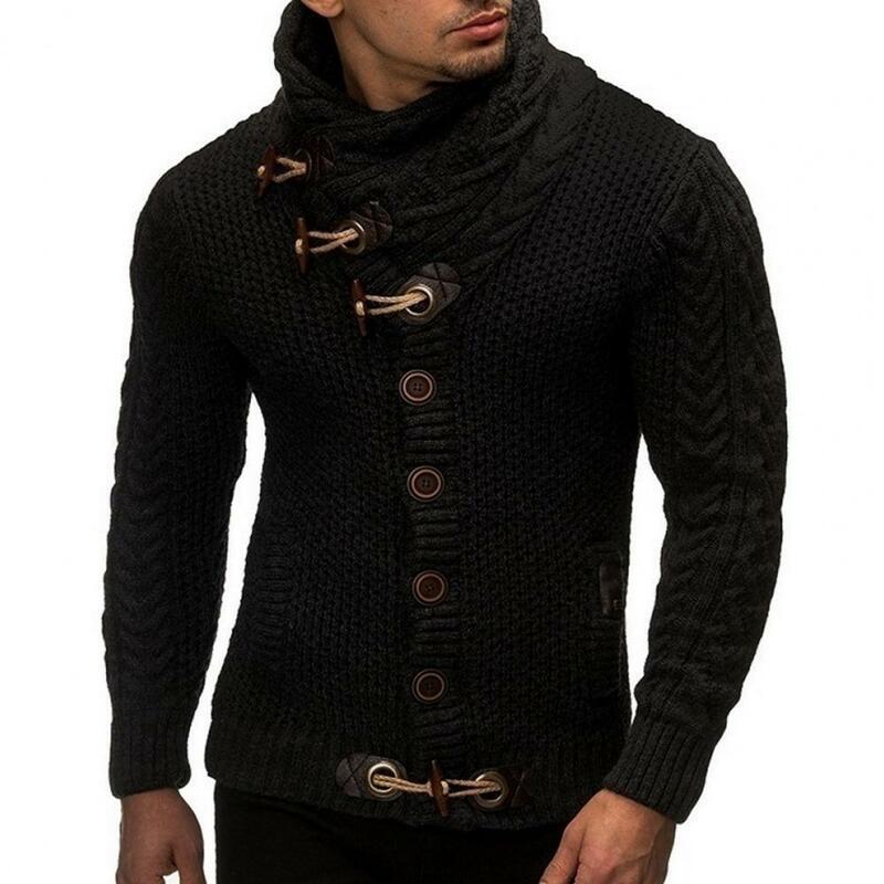 Stylish  Men Sweater Warm Pure Color Slim Fit Cardigan Sweater Horn Buttons Thick Knitted Sweater for Outdoor