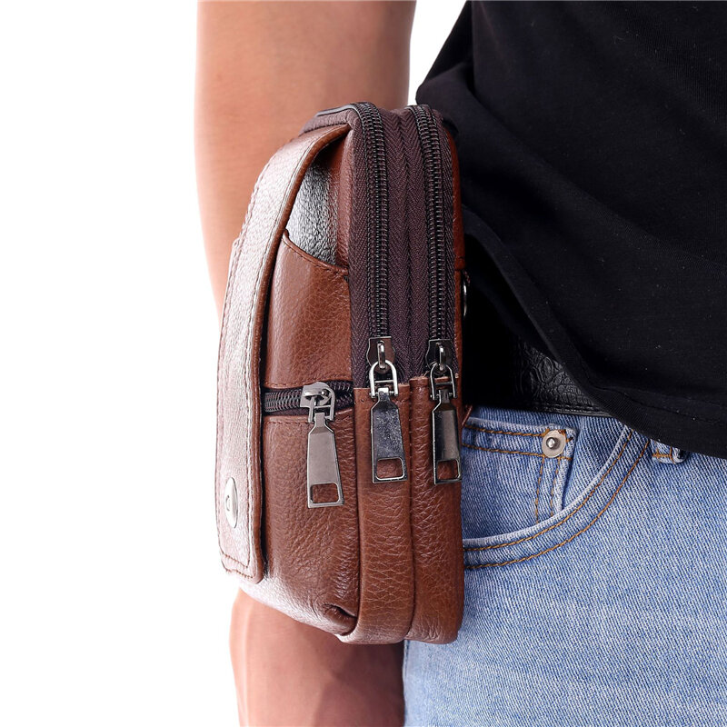 High Quality Men Waist Bag Retro Simple Mobile Phone Case Button Zipper PU Leather Waist Bag Outdoor Travel Waist Bag Wallet