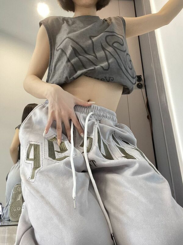 American athleisure gray sweatpants women's hiphop wide leg loose thin straight pants spring and summer trousers