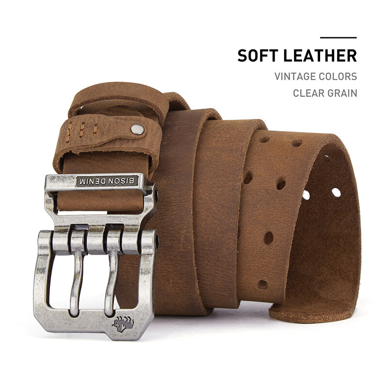 BISONDENIM Luxury Designer Belts for Men Vintage Spilt Genuine Leather Pin Buckle Waist Strap Belt for Jeans High Quality W71794