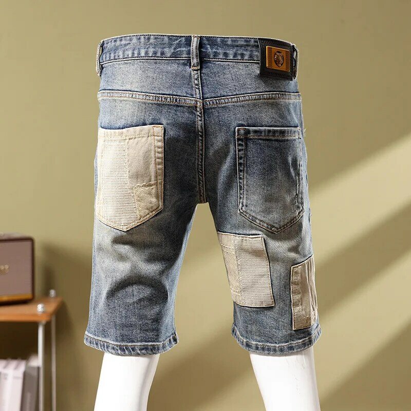 Pantalones vaqueros cortos de costura para hombre, pantalones de moda rasgados, ajustados, bordados con personalidad, estilo Retro de motorista