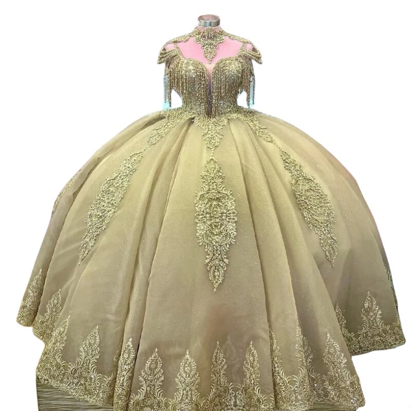 Princesa frisada Vestidos Quinceanera, alta Neck Crystal Ball Gown, Prom Birthday Party, Imagem Real, Arábia Saudita, 15, 16