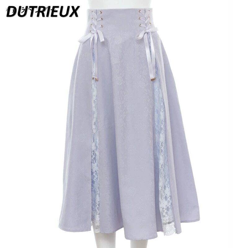 Falda larga de cintura alta con costuras de encaje para niñas, estilo japonés SC, primavera 2024