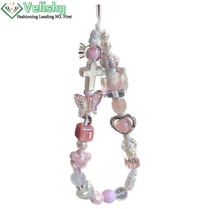 Charm Multicolor Resin Heart Bowknot Mobile Phone Chains For Women Girls Telephone Jewelry Strap Beaded Lanyard Hanging Cord
