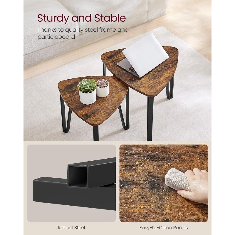 VASAGLE 네스팅 커피 테이블, 엔드 테이블 세트, 거실 침실용, 산업용 소형 스태킹 사이드 테이블, 금속 포함