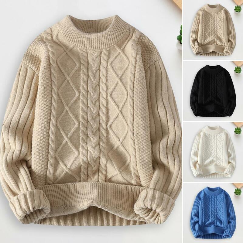 Suéter de malha grossa masculino, gola redonda, resistente anti-pilling, cor sólida, tops elásticos torcido, aconchegante, macio, elegante, inverno