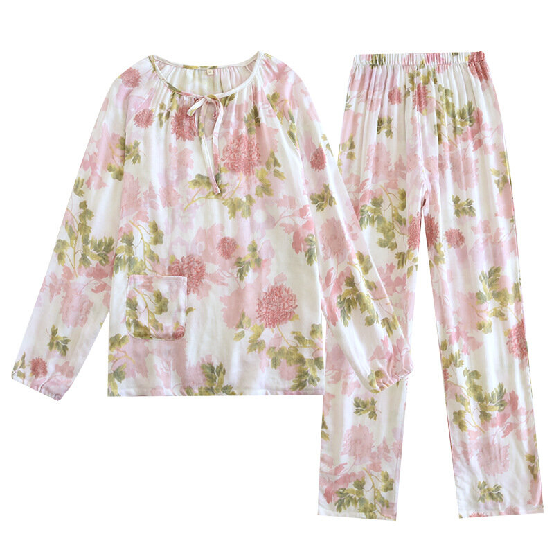 Wiosenne spodnie z długim rękawem z włókna bambusowego zestaw piżam damski wokół szyi luźna i wygodna piwonia odzież domowa dwuczęściowy zestaw
