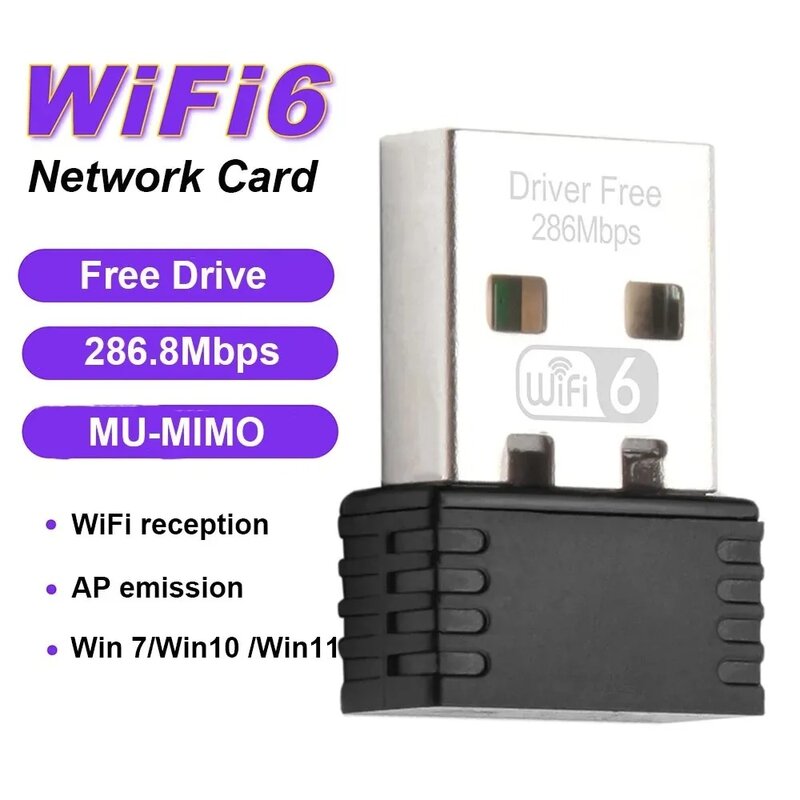 Carte réseau Mini USB WiFi 6 Dongle, adaptateur LAN Wi-Fi 2.4GHz, pilote gratuit pour PC portable Windows 7, 10, 11, récepteur 300M, 150M