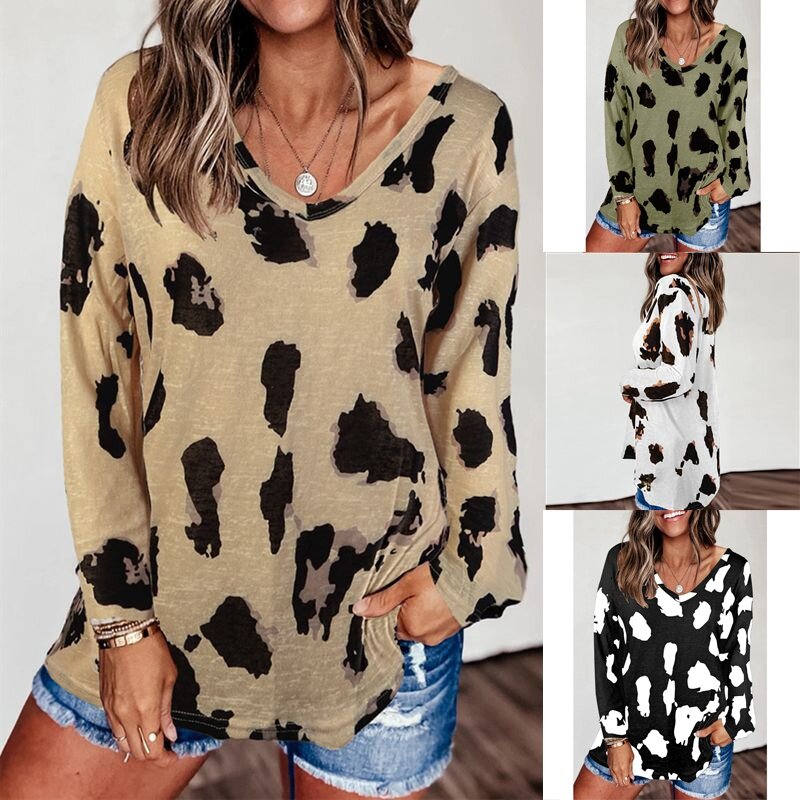 Blusa casual de leopardo de manga comprida feminina, blusa feminina, pulôver solto, outono, inverno, nova moda, 2023