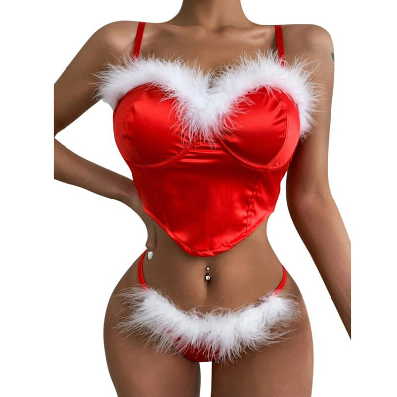 Ensemble de lingerie en satin avec garniture en plumes pour femmes, bretelles spaghetti, corset push-up, soutien-gorge avec sous-vêtements en T, carnavals de Noël