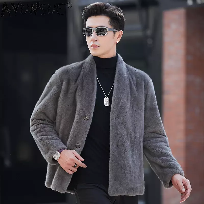 AYUNSUE Solid Color Real Fur Coat Mink Jackets for Men 2023 New Winter Causal V-neck Mink Fur Coats Single-breasted Fur Jackets