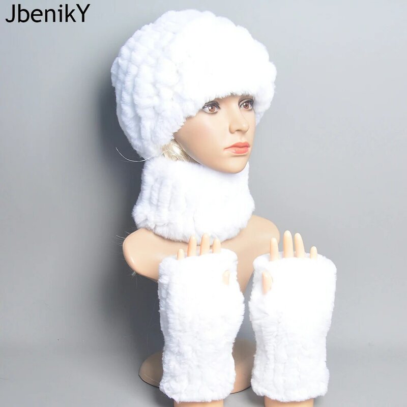 Inverno feminino qualidade real pele cachecol chapéu luva define real rex pele de coelho malha beanies chapéu de pele real cachecol rex pele de coelho mitten